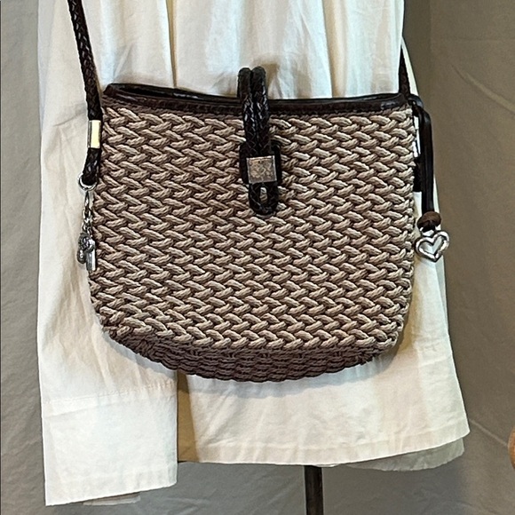 BRIGHTON WOVEN STRAW LEATHER TRIM SILVER HARDWARE WITH CHARMS CROSSBODY BAG - Picture 1 of 16
